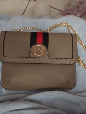 MM Logo Taupe Crossbody Bag with Gold 23 Inch Chain